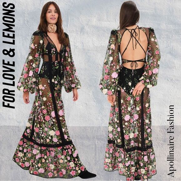 FOR LOVE AND LEMONS LUNA MAXI DRESS IN BLACK COMBO NWT XS FLORAL SHEER EMBROIDER - Picture 1 of 10